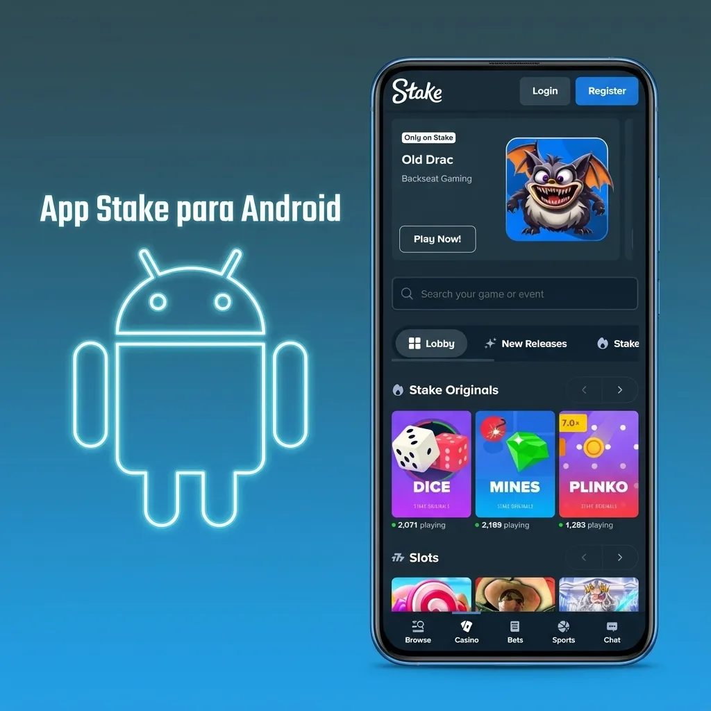 Pantalla de celular Android mostrando la app Stake abierta con opciones de apuestas deportivas y casino en vivo.