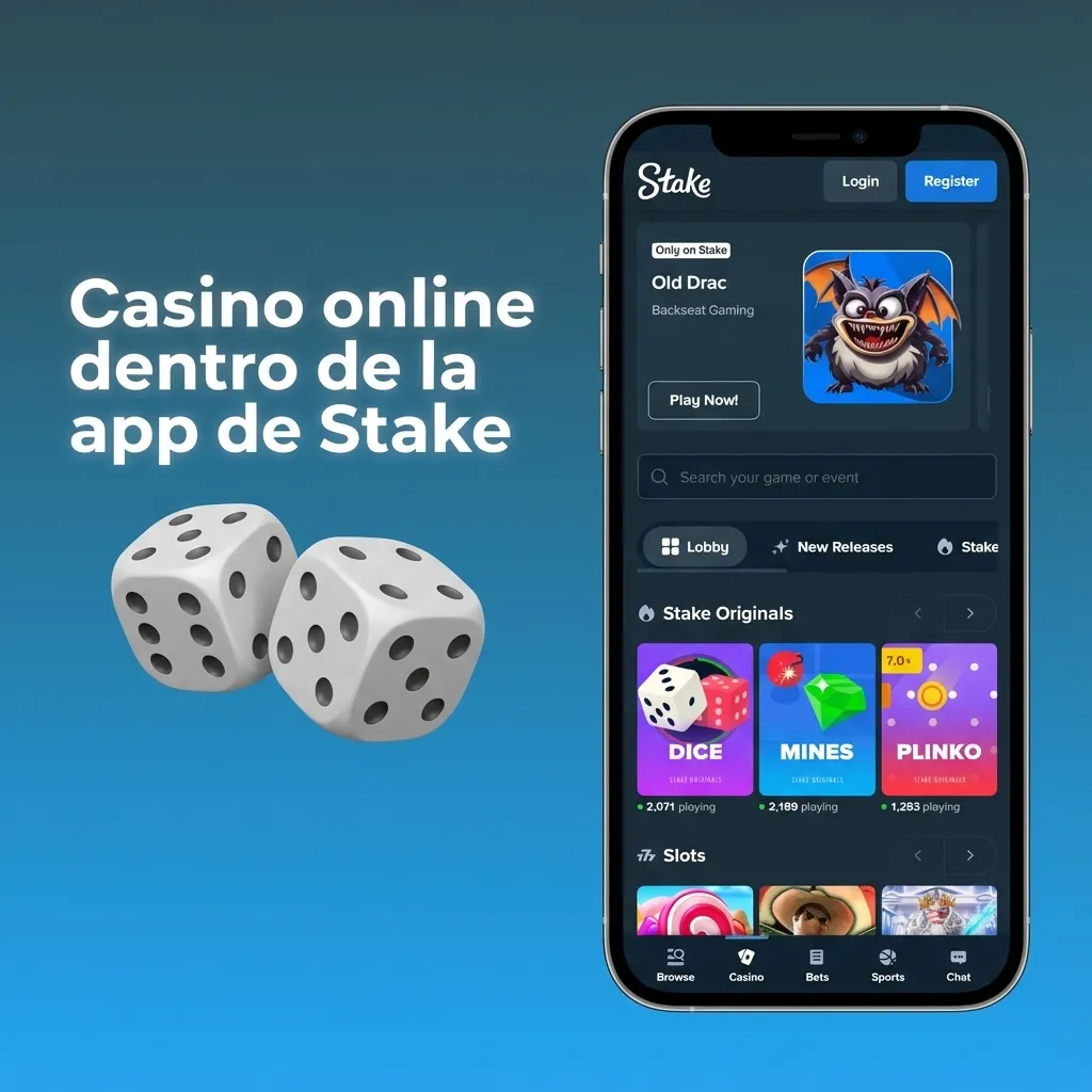 Pantalla de la app de Stake mostrando sección de casino online con tragamonedas, mesas en vivo y promos móviles