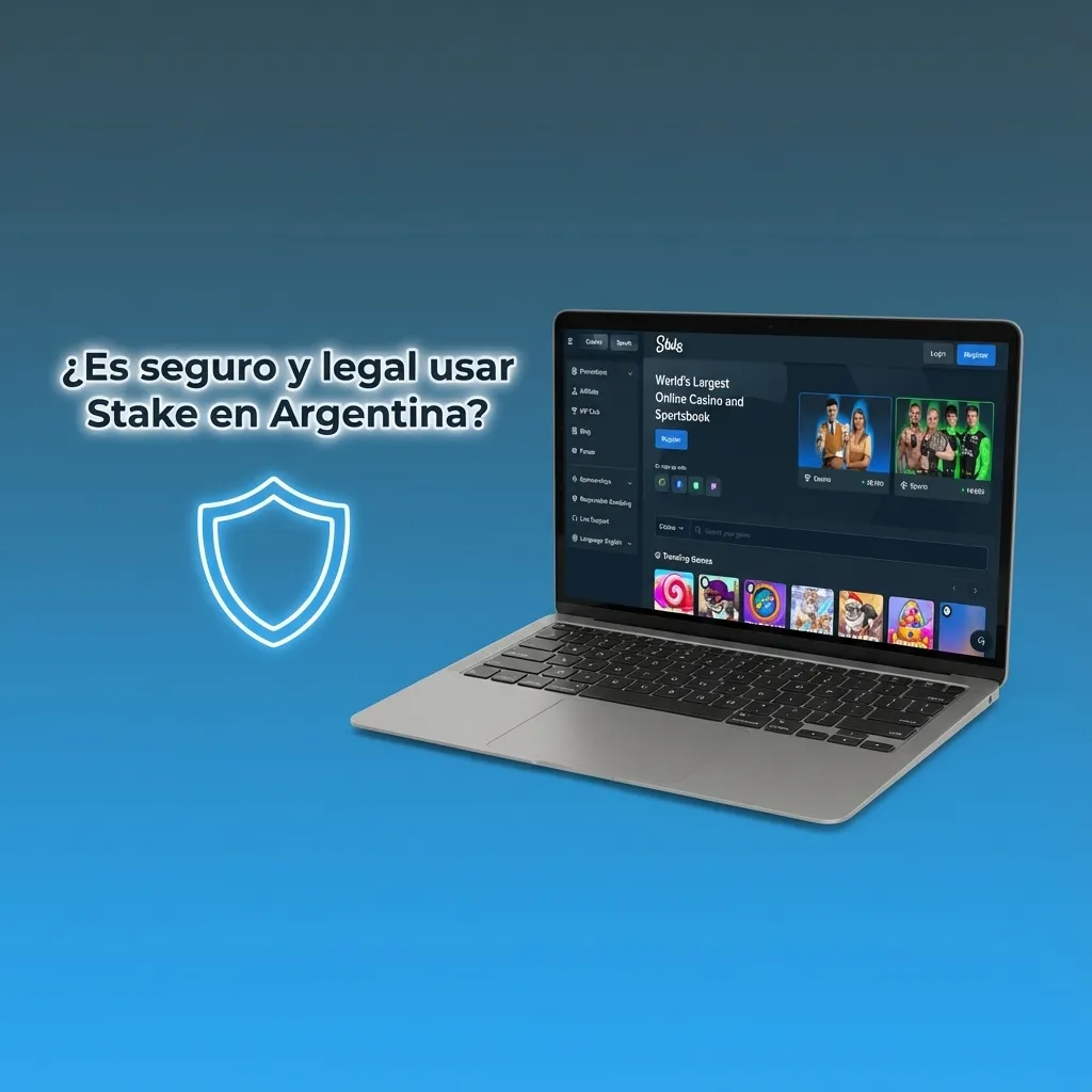 Banner en español sobre la seguridad y legalidad de usar Stake en Argentina, con advertencia legal y énfasis en juego responsable
