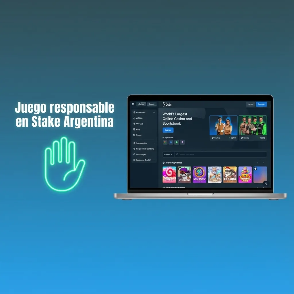 Ilustración de juego responsable en Stake Argentina con iconos de control de tiempo, límites de dinero y ayuda profesional