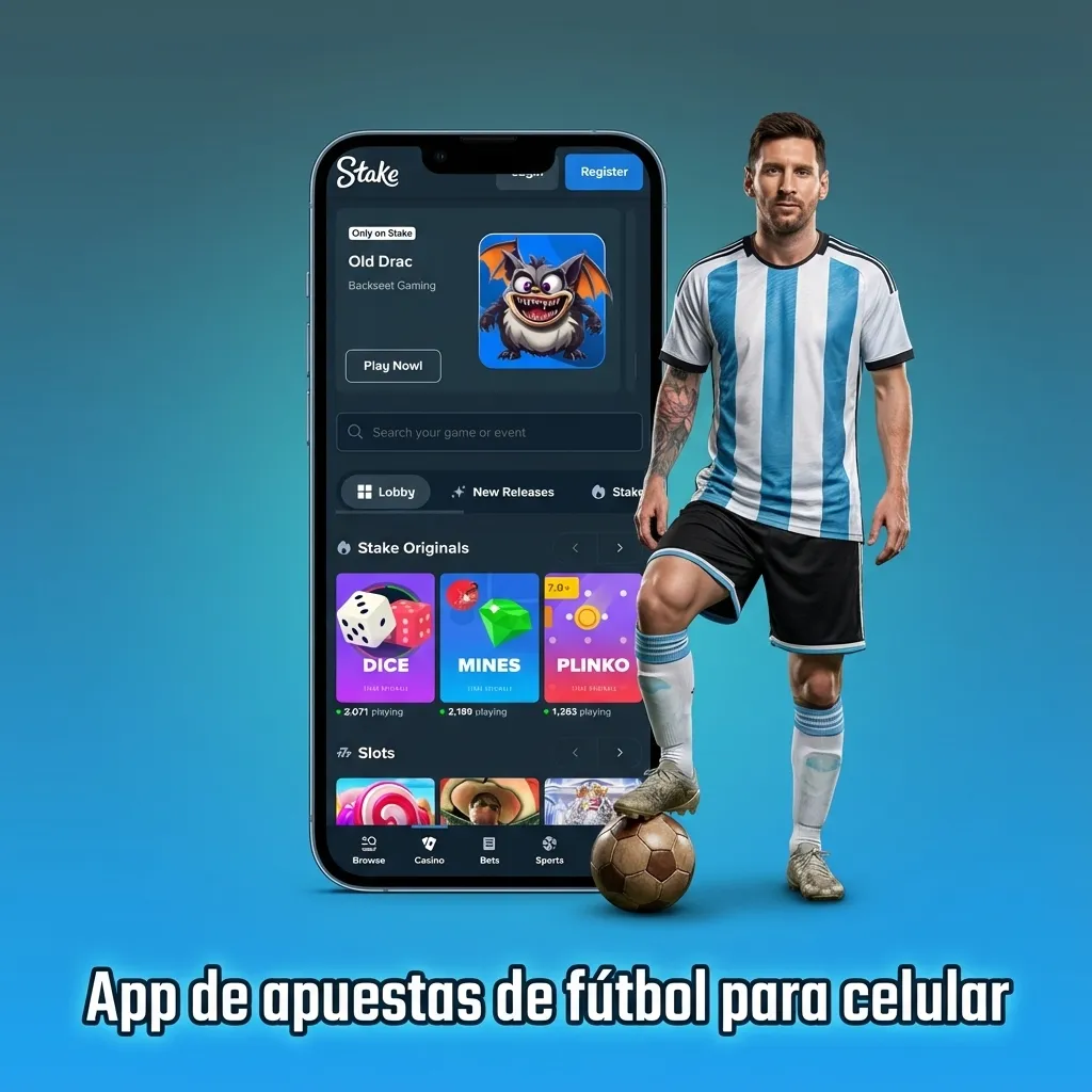 Celular con app de apuestas de fútbol Stake abierta, mostrando partidos, cuotas y opciones de apuesta en pantalla