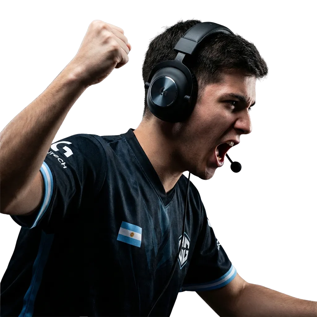 Banner de apuestas eSports en Argentina con jugador, iconos de videojuegos, cuotas en vivo y texto de bono de bienvenida 200%