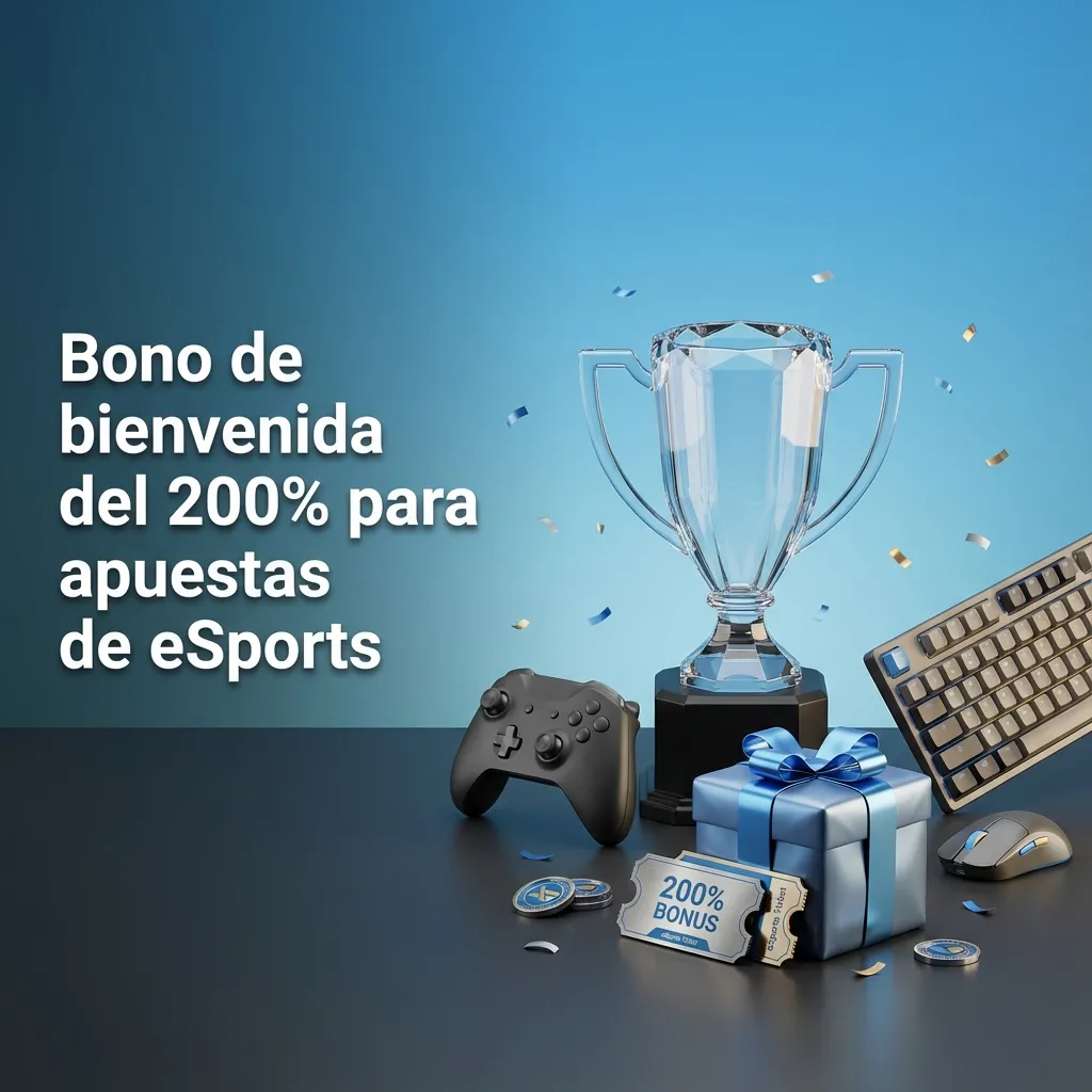 Banner de bono de bienvenida 200% para apuestas de eSports, fondo gamer con controles y texto promocional en español