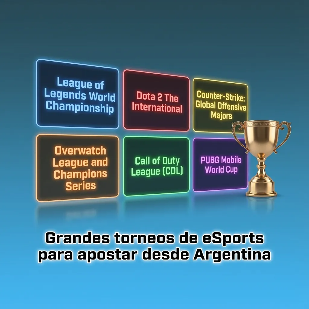Tabla de torneos eSports populares para apostar desde Argentina, con juegos como Dota 2, CS2, LoL y Valorant