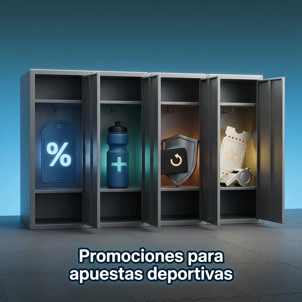 Banner de promociones de apuestas deportivas con iconos de fútbol, básquet, tenis y texto sobre bonos, cuotas mejoradas y seguros