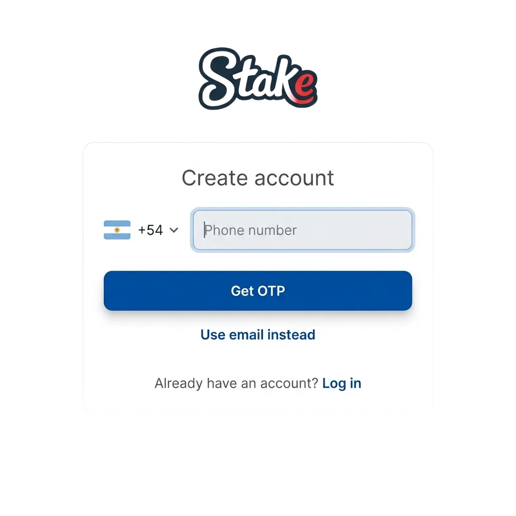 Ilustración de registro, inicio de sesión y verificación de cuenta en Stake para apuestas online en Argentina en web y app móvil