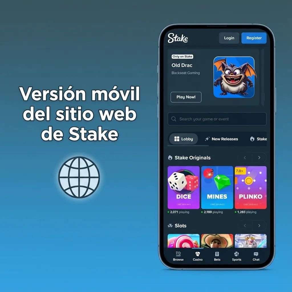Teléfono mostrando la versión móvil del sitio de apuestas Stake con menús simples, botones grandes y diseño responsive