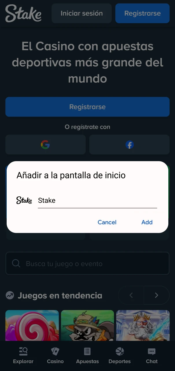 Instrucciones para añadir el icono de Stake Argentina al escritorio de tu teléfono móvil.
