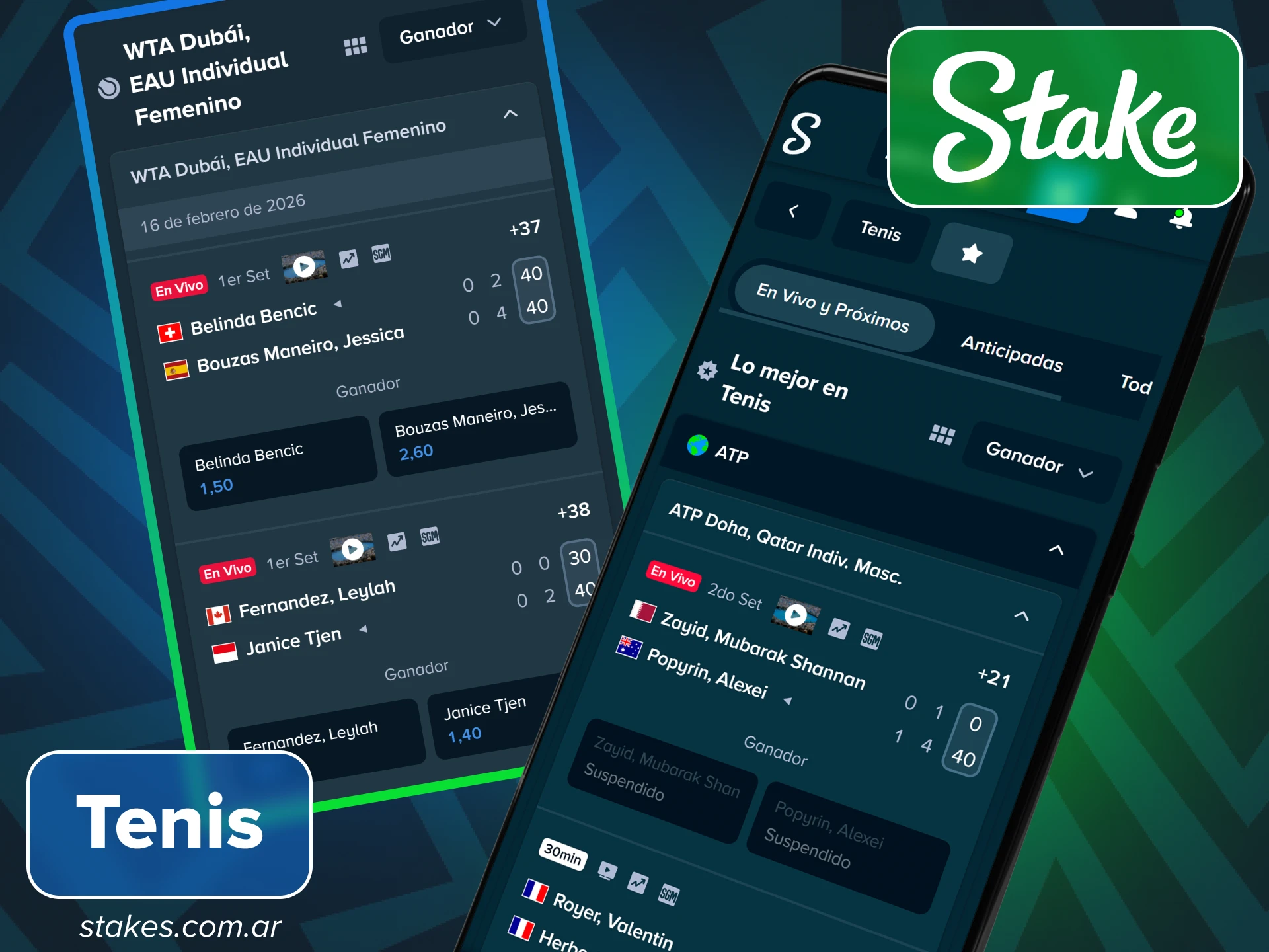 Apuesta en todos los torneos de tenis del circuito profesional en la app de Stake Argentina.