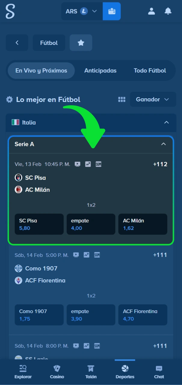 Selecciona ligas de fútbol en el sitio oficial de Stake.