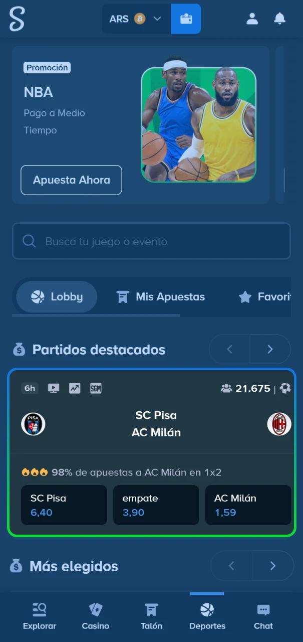 Navegación por el catálogo deportivo de Stake para elegir un partido o evento.
