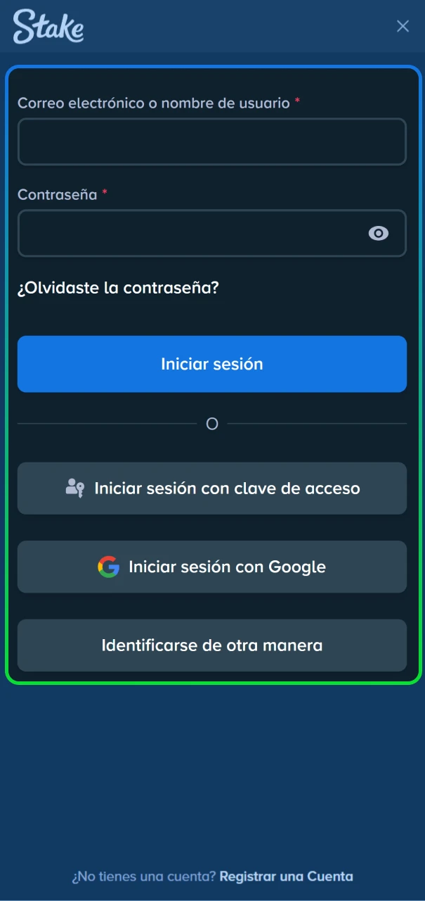 Selección del método de entrada a Stake mediante correo electrónico o redes sociales.