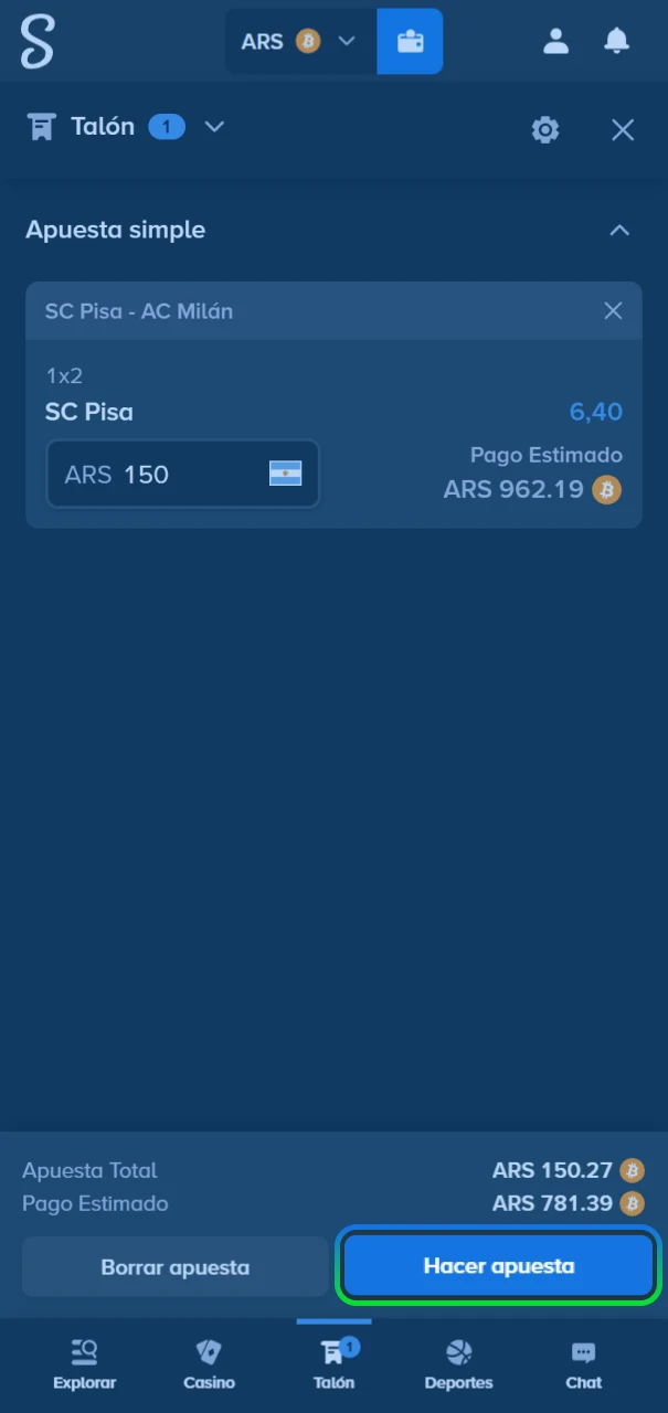 Validación final del ticket de apuesta ingresando el monto a jugar en Stake.