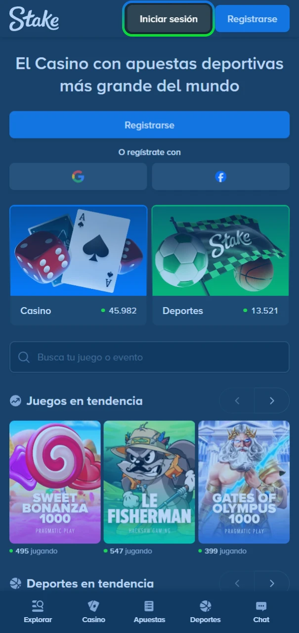 Ubicación del botón de acceso principal en la parte superior del sitio de Stake.