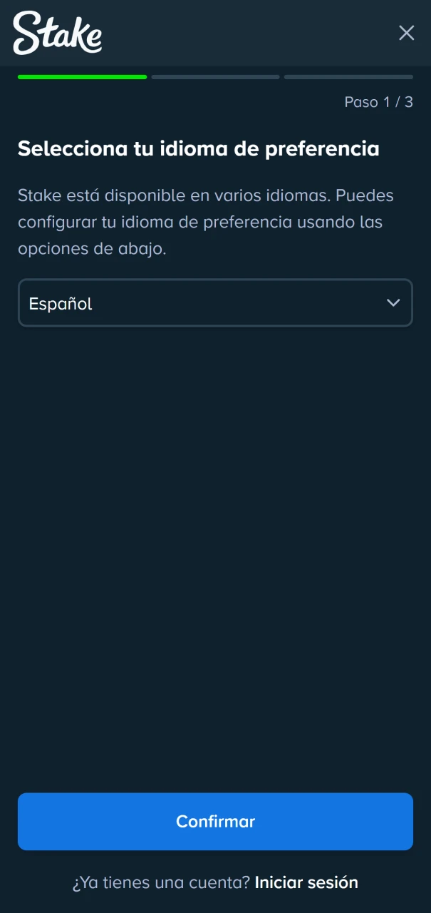 Formulario de registro rápido en Stake Argentina para crear una cuenta nueva de usuario.