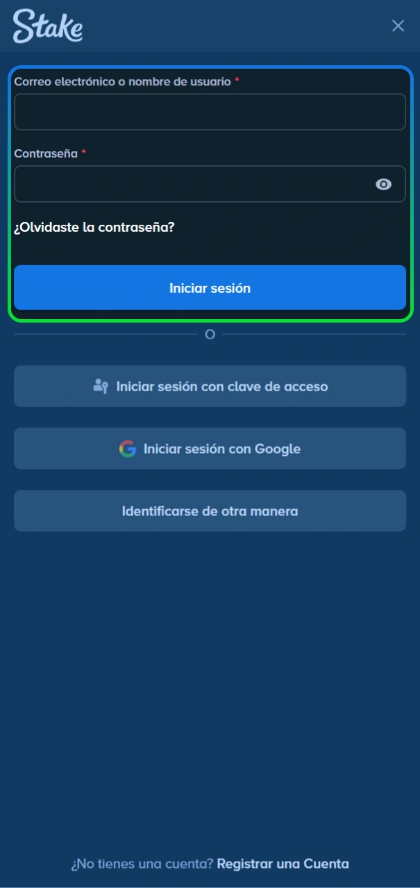 Inicia sesión en tu cuenta del sitio oficial de Stake móvil.