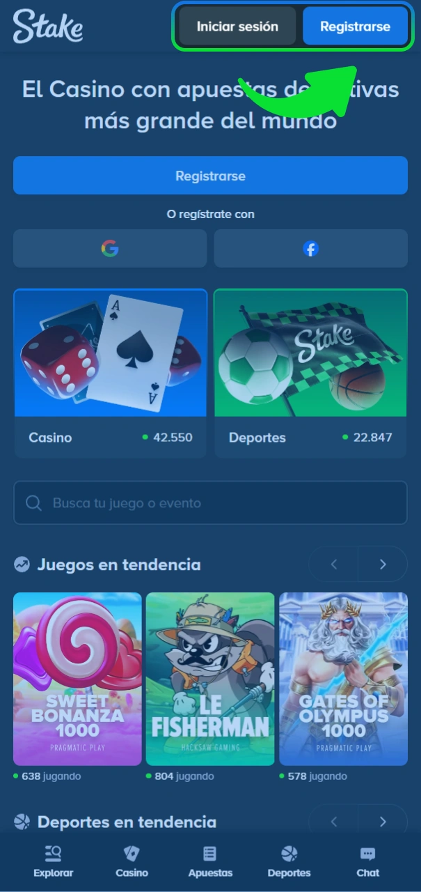 Toca el botón de registro en el sitio oficial Stake móvil.