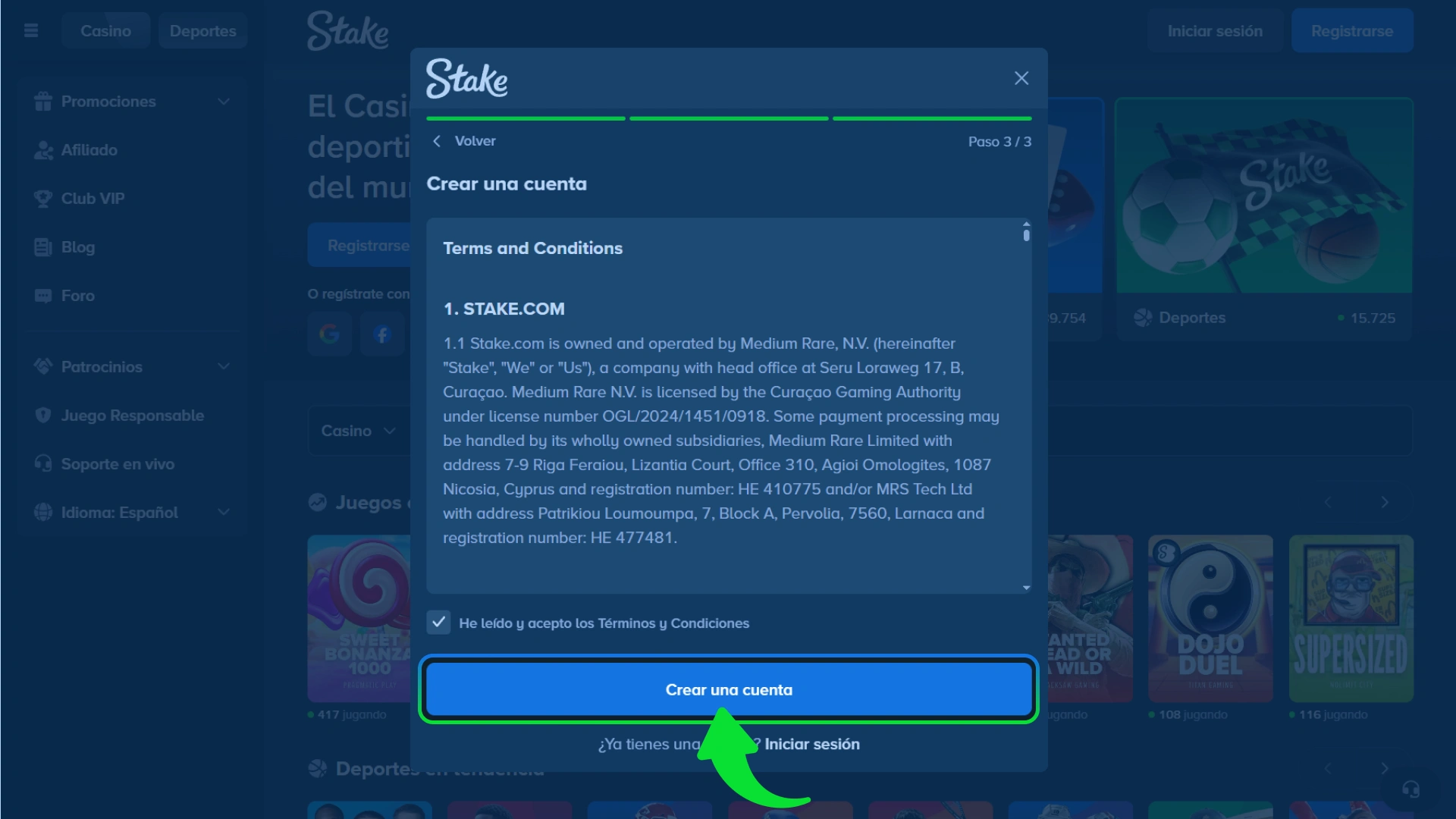 Completa tus datos personales en el sitio oficial de Stake.
