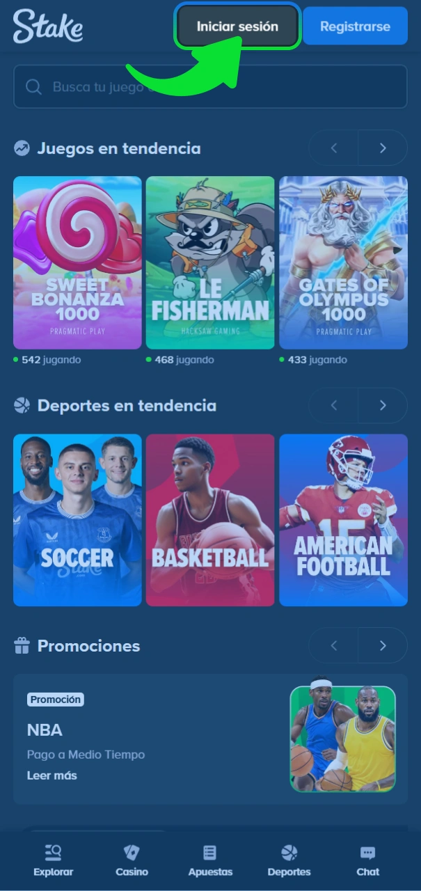 Toca el botón de inicio de sesión en sitio oficial Stake.