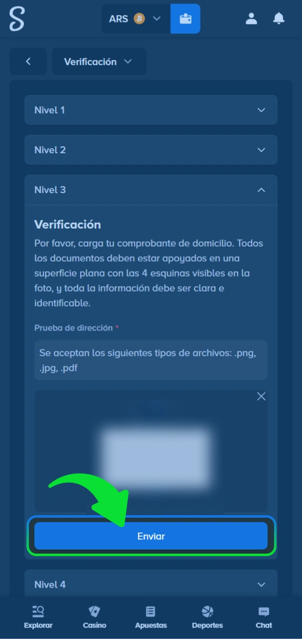 Adjunta el comprobante de domicilio en sitio oficial de Stake.