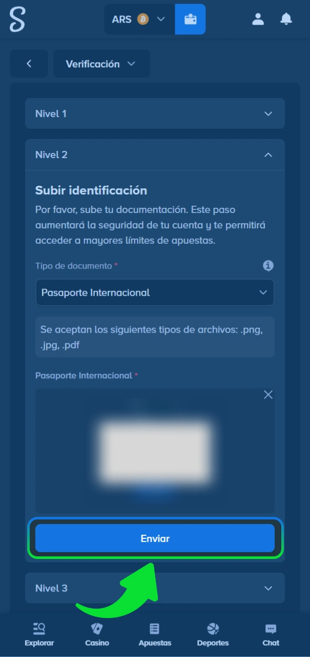 Sube tu documento de identidad al sitio oficial de Stake.