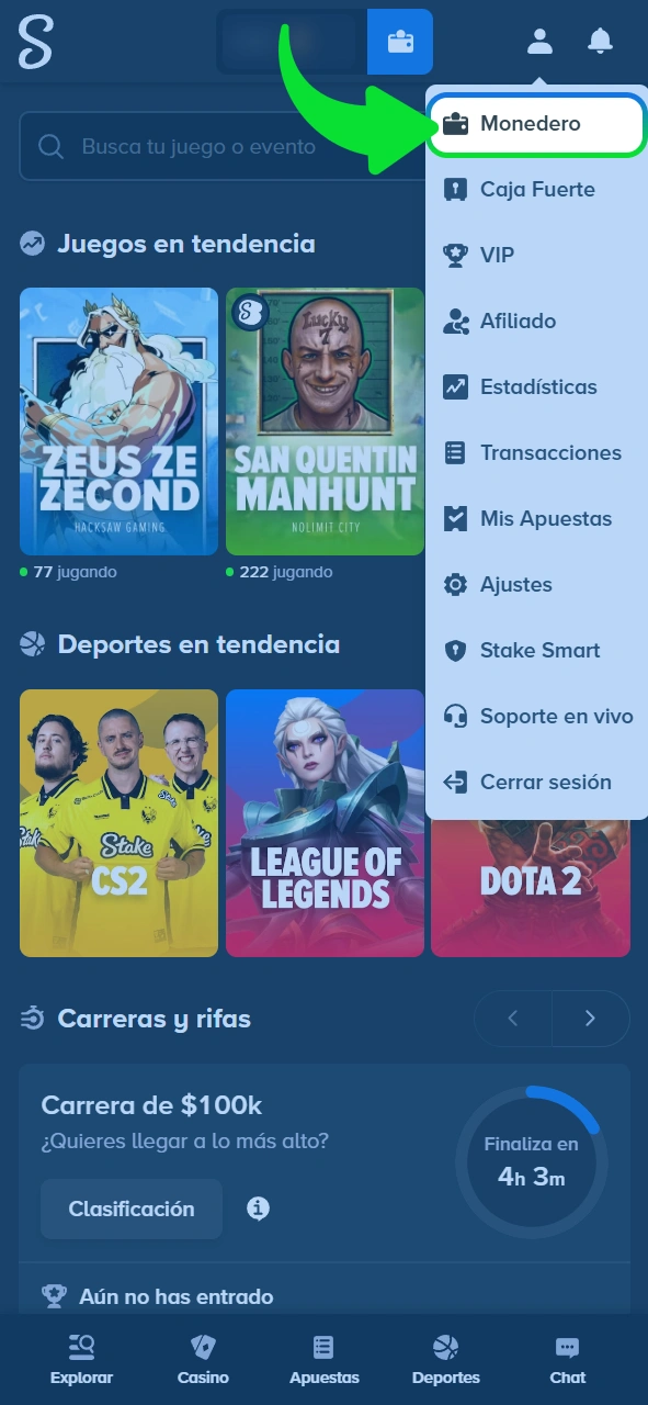 Entra a la sección de retiros en sitio oficial Stake.