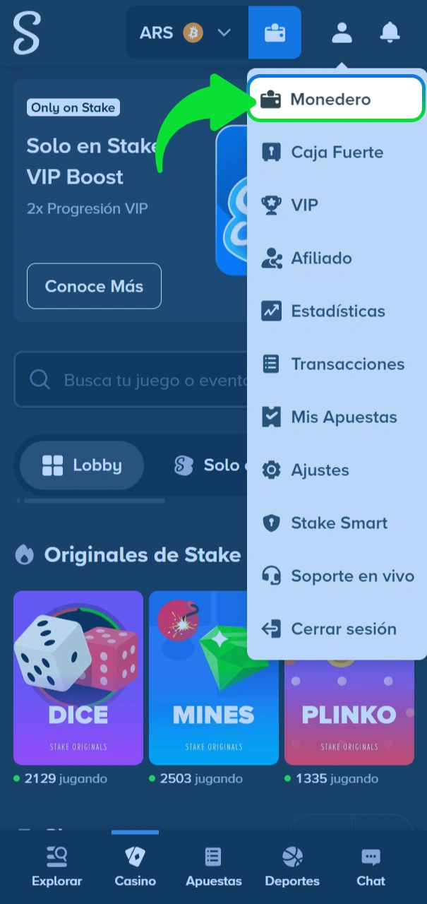 Realiza un depósito seguro en el sitio oficial de Stake.