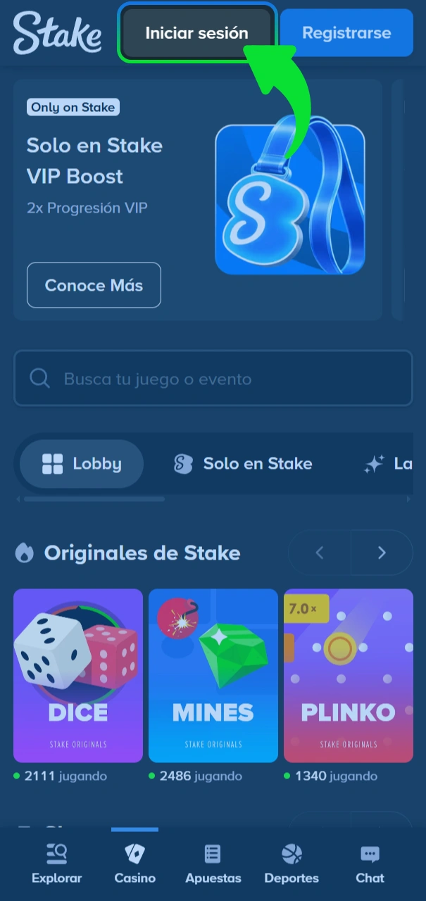 Inicia sesión de usuario en el sitio oficial de Stake.