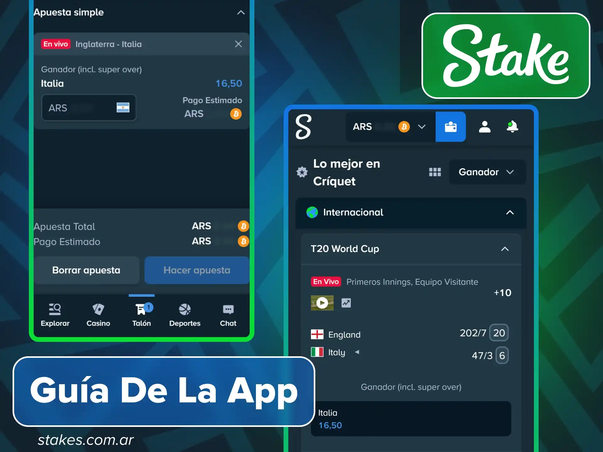 Tutorial detallado con pasos para apostar y jugar casino desde la app oficial de Stake Argentina.