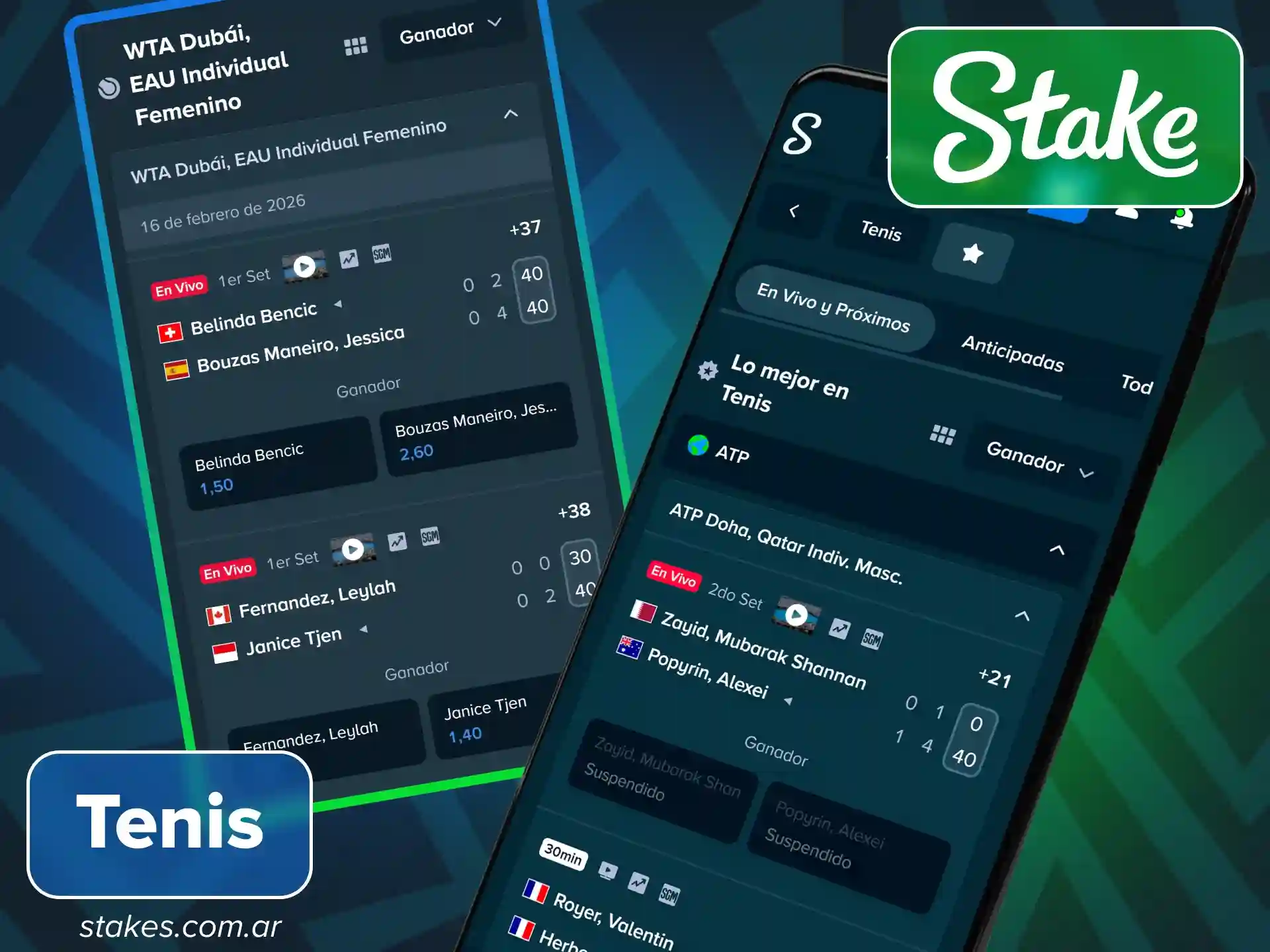 Apuesta en todos los torneos de tenis del circuito profesional en la app de Stake Argentina.
