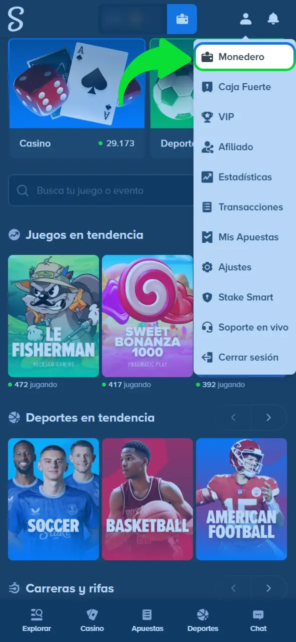 Abre la sección de cajero en el sitio oficial Stake.