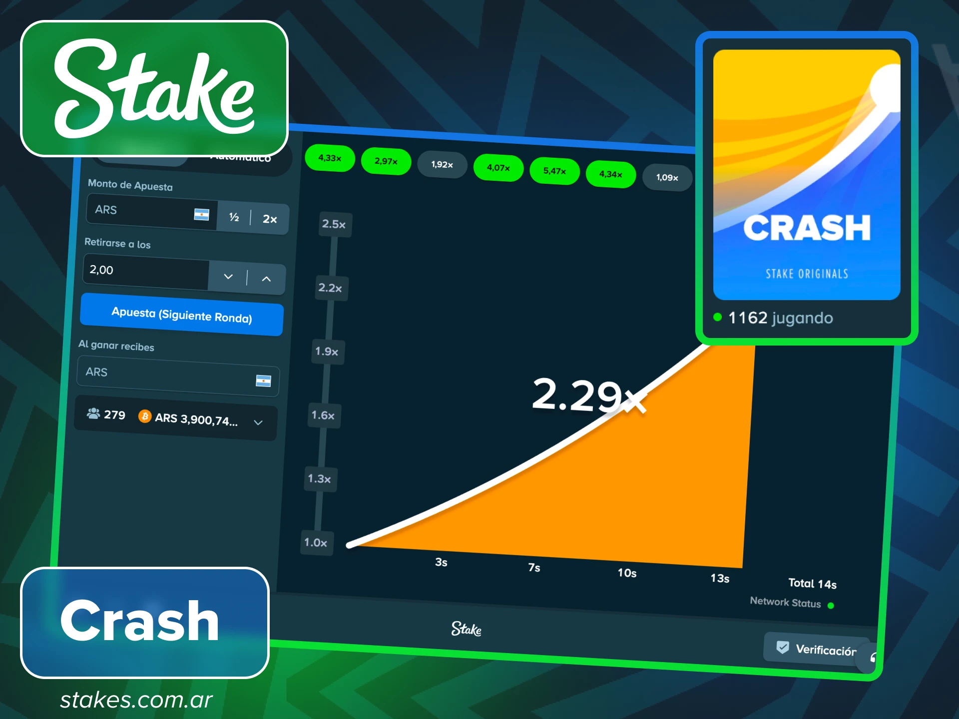 Apuesta en el emocionante juego Crash de Stake Originals y retira a tiempo.