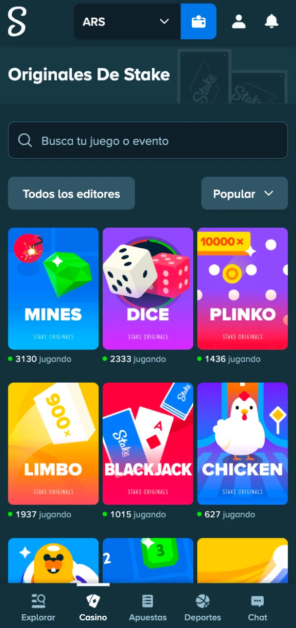 Explora los juegos en el casino y elige tu favorito en Stake.