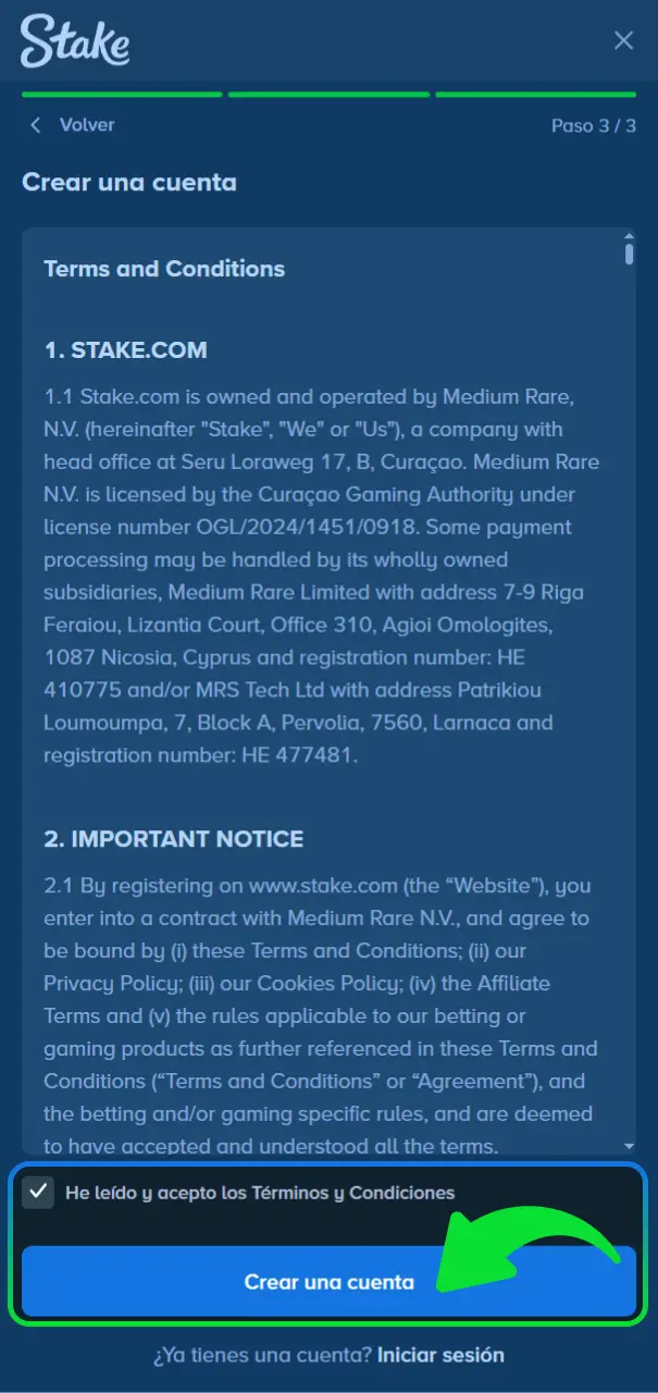 Completa el registro de usuario en el sitio oficial Stake.