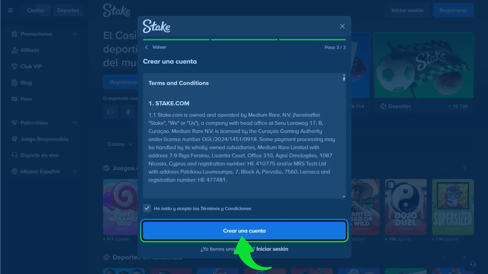 Completa tus datos personales en el sitio oficial de Stake.