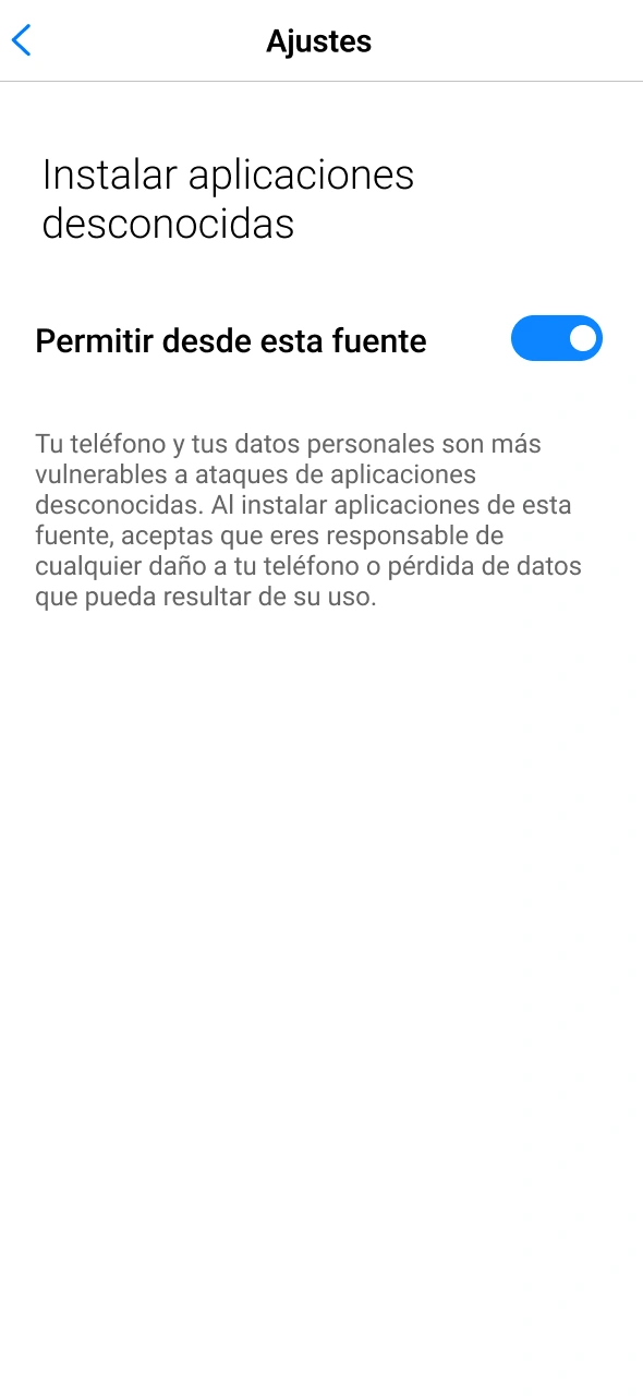 Permite la instalación de Stake desde fuentes desconocidas en tu dispositivo.