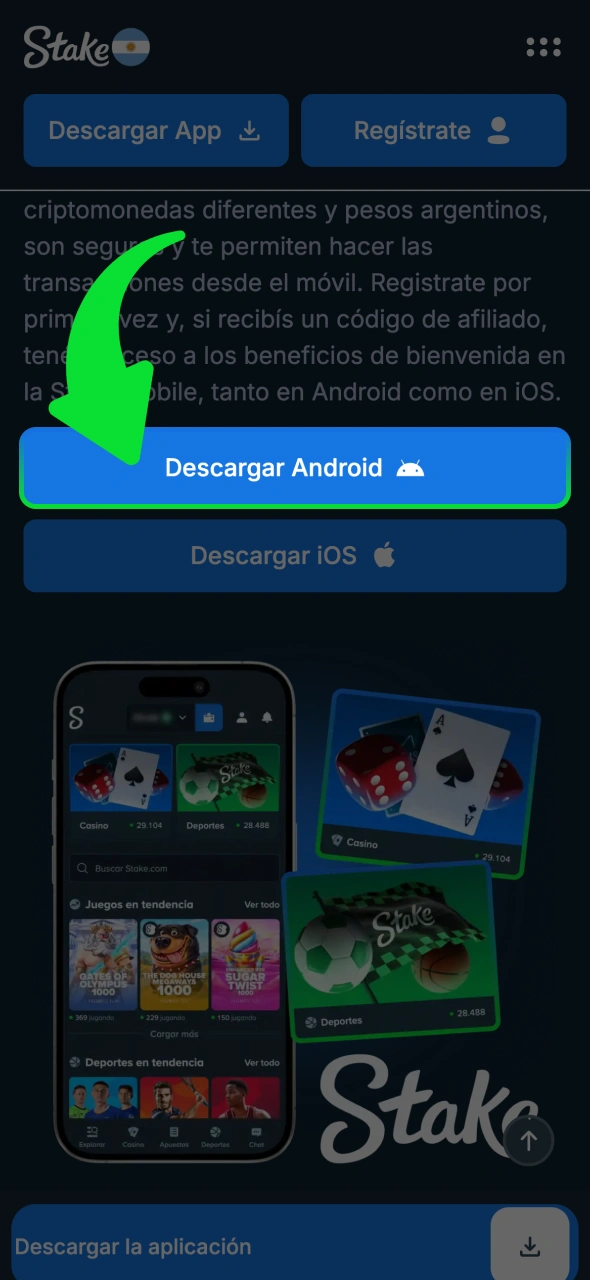 Pulsa el botón en la página oficial de Stake para iniciar el proceso de descarga.